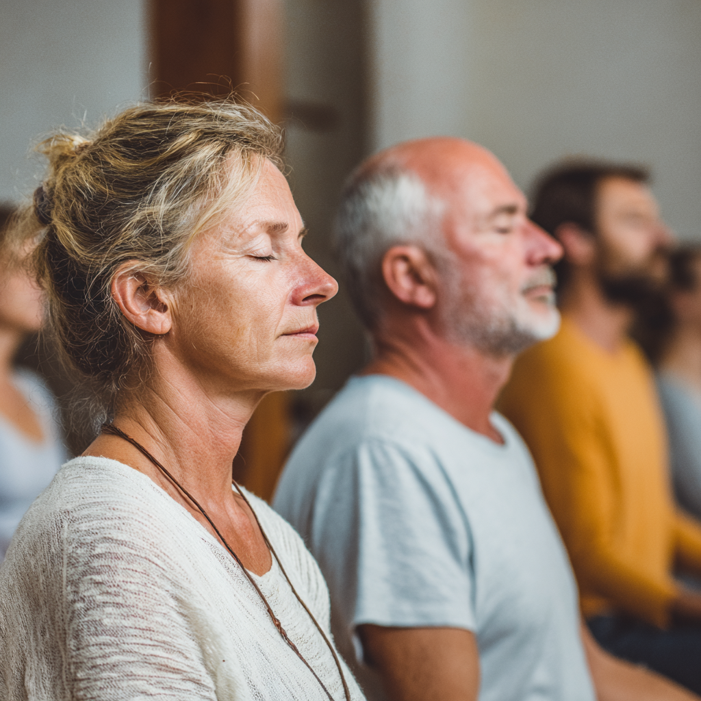 Magyar családok reggeli jóga és meditációs gyakorlat során természetes fényben